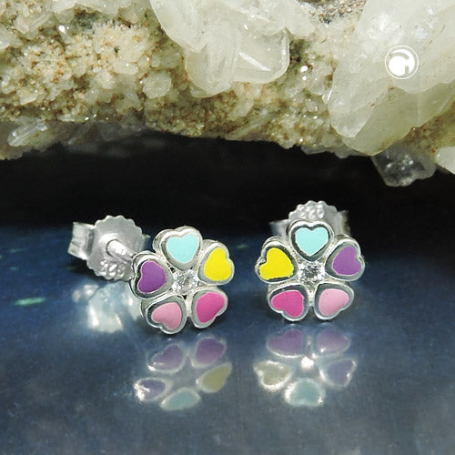 Ørestikker 6mm Blomst Farverig Lakeret med Cubic Zirconia Sølv 925