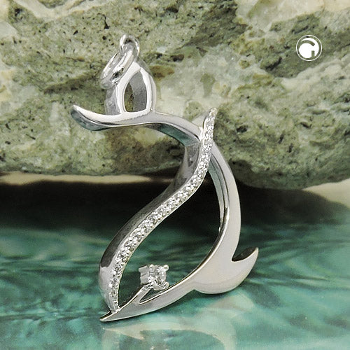 Vedhæng 26x19mm stiliseret delfin med zirkoniaer skinnende sølv 925