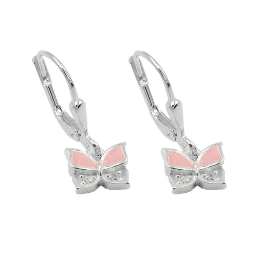 Leverback øreringe Øreringe 19x6mm Sommerfugl Pink Lakeret med Cubic Zirconia Sølv 925
