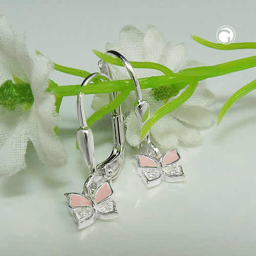 Leverback øreringe Øreringe 19x6mm Sommerfugl Pink Lakeret med Cubic Zirconia Sølv 925