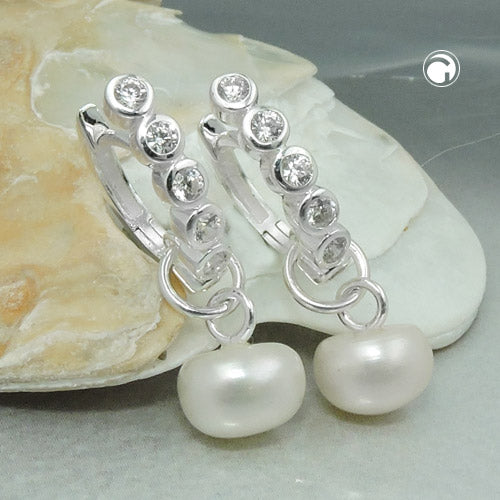 Ring ørering 24x3 mm foldbart hængsel 7 mm halvcirkelformet ferskvandsperle med 5 kubiske zirkonia sølv 925