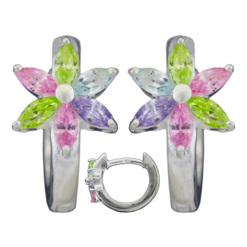 Hoop-øreringe 13x1,7 mm hængsel blomsterfarvede kubiske zirkonia skinnende sølv 925