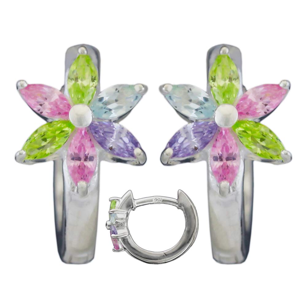 Hoop-øreringe 13x1,7 mm hængsel blomsterfarvede kubiske zirkonia skinnende sølv 925