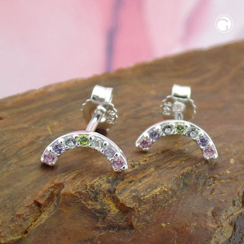 Ørestikker 9x4mm halvcirkel med farvede kubiske zirkoniaer sølv 925