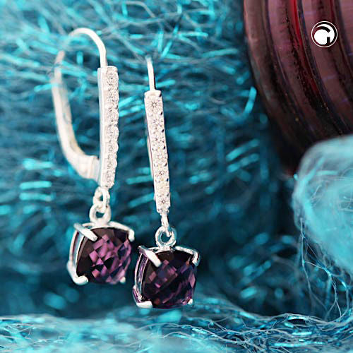 Leverback øreringe Øreringe 26x6mm Glassten Amethyst med kubiske zirkonier Sølv 925