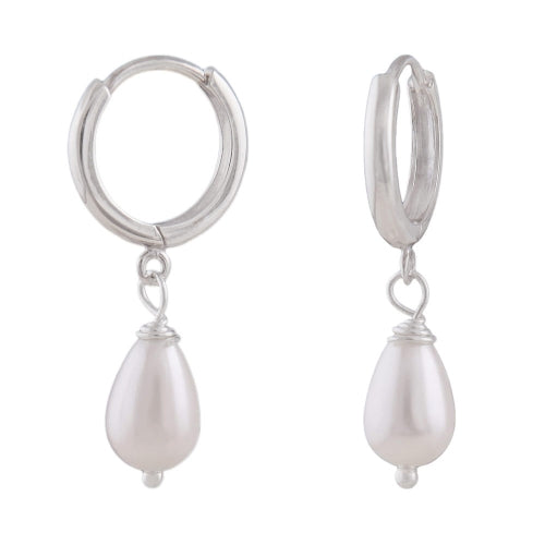 Ring ørering 27x6mm foldehængsel med drop-imitation Pearl Silver 925