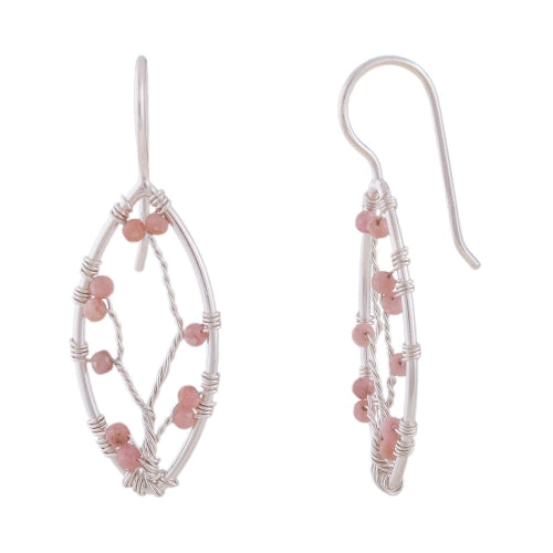 Ørering-krog Ørering 37x12,5 mm spids oval med fletning og lyserøde sten Rhodonite Sølv 925