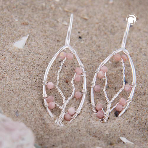 Ørering-krog Ørering 37x12,5 mm spids oval med fletning og lyserøde sten Rhodonite Sølv 925