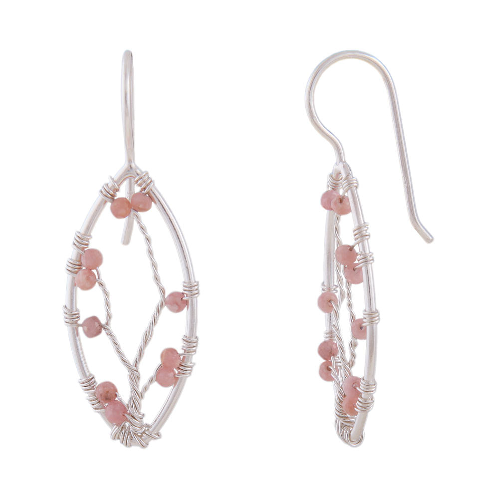Ørering-krog Ørering 37x12,5 mm spids oval med fletning og lyserøde sten Rhodonite Sølv 925