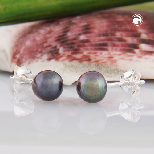 Øreøre-ørering ca. 6 mm ferskvandsdyrket perle mørkegrøn urund sølv 925